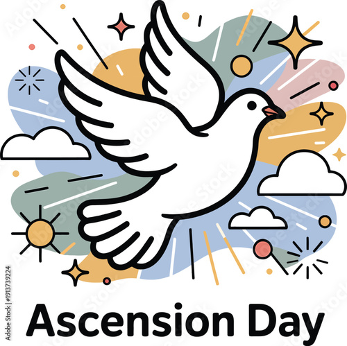 White dove flying in a colorful sky with clouds and stars on Ascension Day