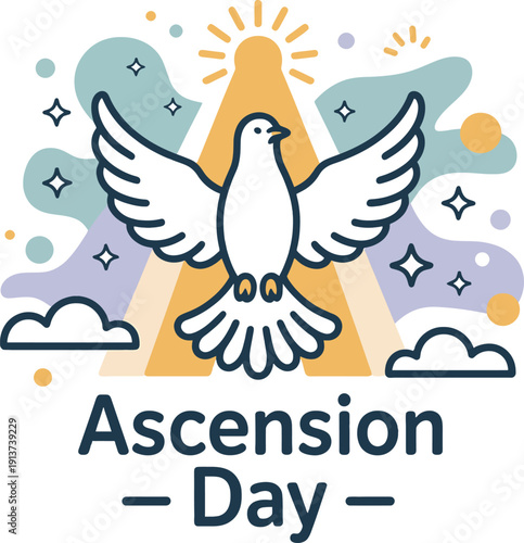 White dove with outstretched wings in front of yellow triangle surrounded by clouds and stars on Ascension Day