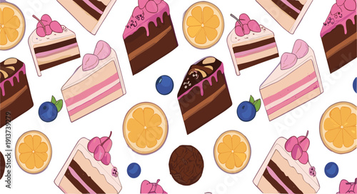 Seamless Cake Slice and Fruit Pattern with Chocolate Strawberry Orange and Blueberry Dessert Vector Background