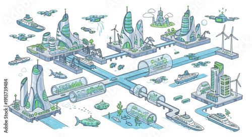 Futuristic city with advanced technology and sustainable energy sources.