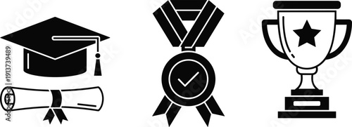Graduation cap diploma medal and trophy award icons education achievement success black silhouette vector illustration set isolated