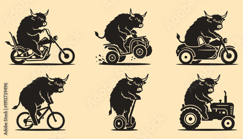 Highland Bull Riding Vehicles Silhouette Set: Motorcycle, ATV, Tractor Icons