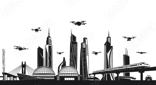 Futuristic Cityscape with Drones and Advanced Transportation Systems.
