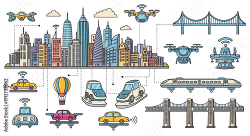 Futuristic Cityscape with Advanced Transportation and Technology Elements.