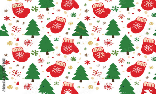 Seamless Christmas pattern with red mittens and green pine trees festive winter holiday decorative background vector illustration