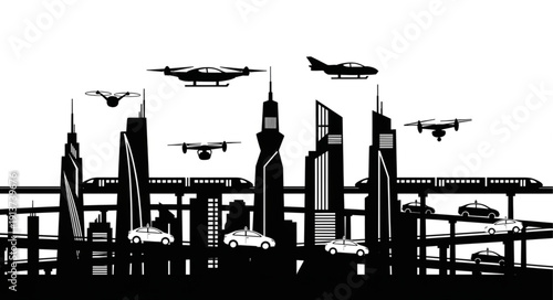 Futuristic Cityscape with Flying Cars and Drones.