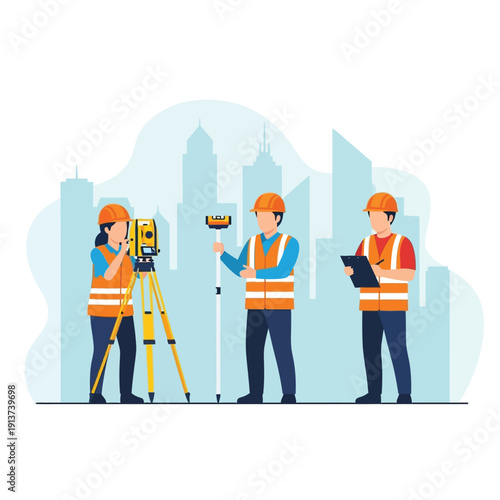 Construction professionals collaborating on a project with surveying equipment and blueprints against a cityscape backdrop
