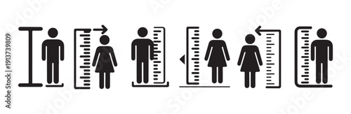 People height measurement icon set. human height meter with man and woman silhouettes symbols