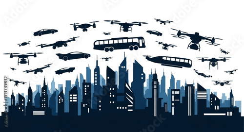 Future transportation drones and autonomous vehicles flying over city skyline.