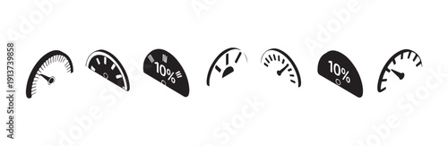 Speedometer and gauge icons set. performance indicators with percent values and pointers