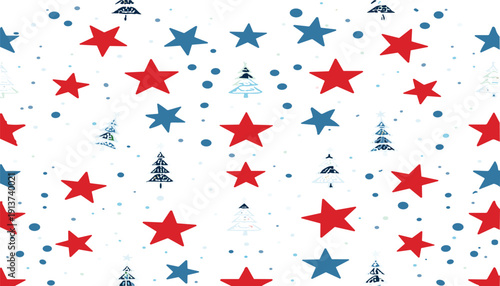 Seamless patriotic star and Christmas tree pattern with red blue festive shapes winter holiday decorative background design