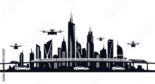Futuristic City Skyline with Drones and Autonomous Vehicles.