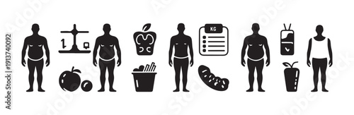 Overweight body and healthy food icon set vector illustration for diet and fitness