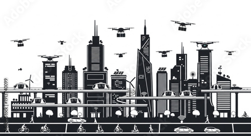 Futuristic city skyline with drones and elevated transport systems.