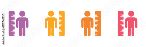 Human growth measurement icons with ruler in warm color palette of orange red and pink tones