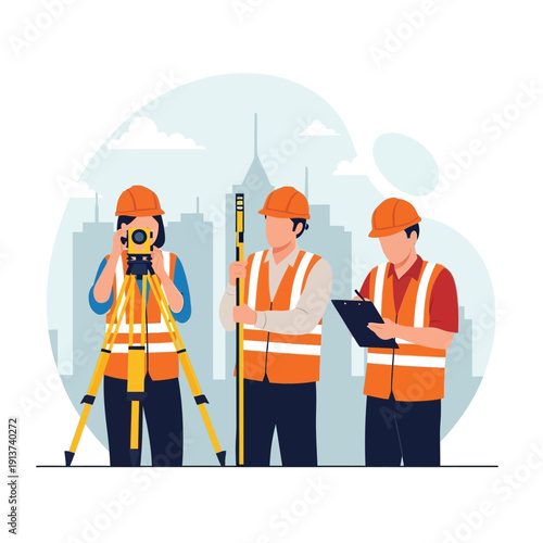 Skilled land surveying team and construction engineers collaborating on an urban development project, utilizing specialized equipment for precise measurements