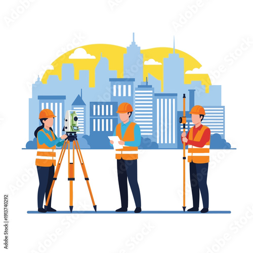 Professional land surveyors and civil engineers working on a construction site, performing precise urban land measurement with advanced equipment for city development projects