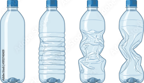 Plastic water bottle deformation stages illustration showing empty PET bottles from new to crushed recyclable packaging concept vector isolated white background design