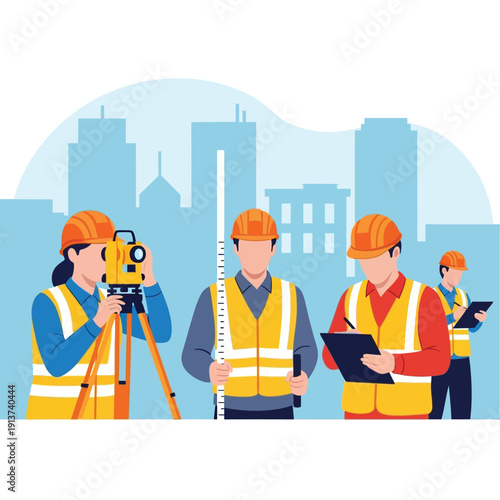 Team of skilled engineers and land surveyors collaborating on a building site in a city, using precise surveying instruments for architectural planning and urban development projects