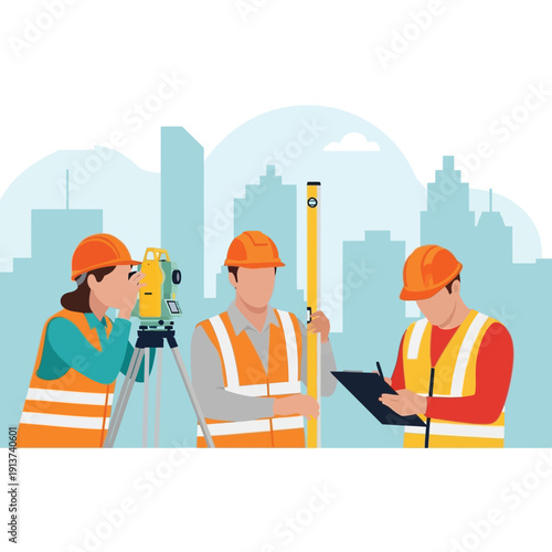 Surveyors in hard hats and safety vests with a theodolite and level, working on a construction site with city skyline in the background