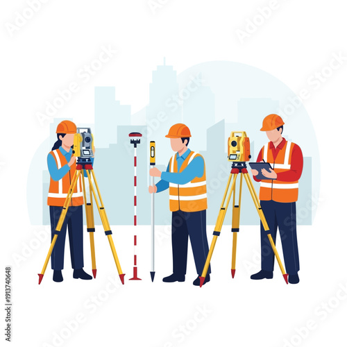 Professional land surveyors and civil engineers conduct precise measurements with total stations and leveling staffs, working diligently on urban construction and mapping projects