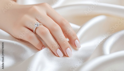 Wallpaper Mural Close Up of Woman Hand with Diamond Engagement Ring on White Satin Fabric Torontodigital.ca