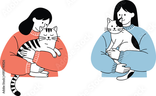 Women holding cats illustration showing pet care love companionship and animal adoption concept for veterinary shelter lifestyle vector isolated background
