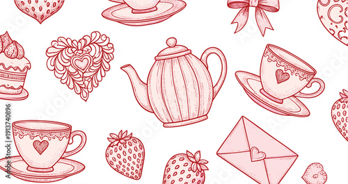 Valentine tea and dessert doodle seamles pattern set with cakes cups hearts romantic vector illustration collection