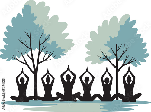 Diverse group of people focusing on nature and environmental sustainability while exploring a beautiful green forest landscape during summer.