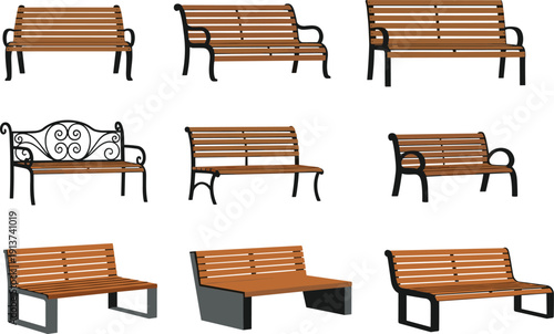 Wooden park bench collection outdoor public seating furniture set with metal legs flat vector illustration isolated on background