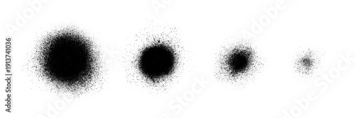 Grain texture with circular halftone burst creates retro abstract design. Splatter dots form dynamic stipple pattern with distressed vintage grunge aesthetic and rough monochrome shading.