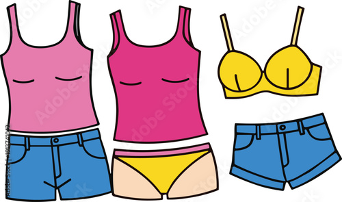 Women Summer Clothing Set Flat Vector Illustration with Tank Tops Bra Underwear and Denim Shorts