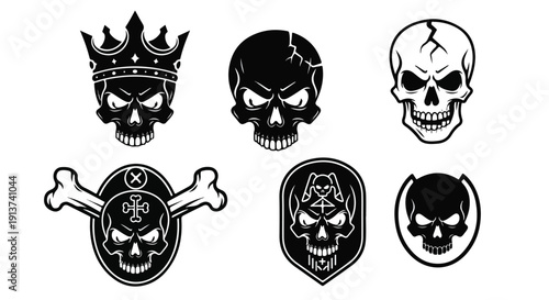 Pirate skull icon collection. Includes crown, cracked, skull and crossbones, shield, and devil horns skulls. Created in line art style with black and white palette.