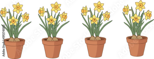 Yellow Daffodils in Terracotta Flower Pot Vector Illustration, Spring Blooming Narcissus Plant Isolated on Light Background