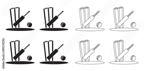Cricket equipment icons showing wicket bat and ball over ground shadow in black white version