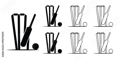 Cricket wicket with bat and ball silhouette collection icon set for sport logo design element