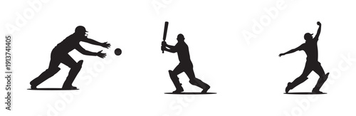 Cricket players silhouettes for batting bowling fielding and catching during sports match