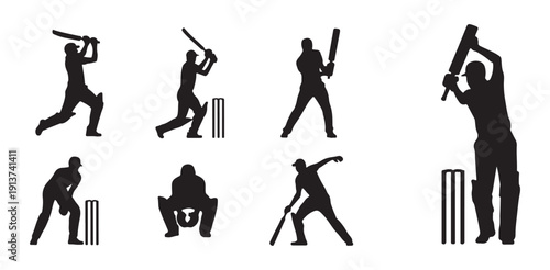 Set of cricket players in various poses batting bowling fielding and wicketkeeping silhouette