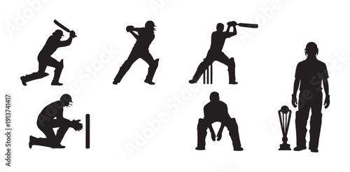 Cricket players silhouettes with bat stumps trophy representing sport and championship win