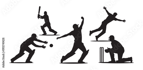 Cricket action silhouettes batting bowling fielding catching wicketkeeping dynamic poses