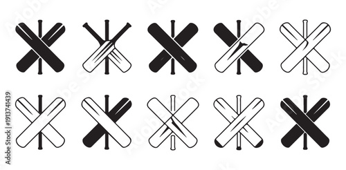 Set of cricket bat icons with crossed bats and wickets for sports logo design and emblems