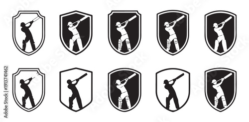 Cricket shield badge collection featuring batsman silhouette for sports awards and logos