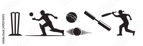 Cricket game elements with wicket fielding player fast ball and batsman running in action