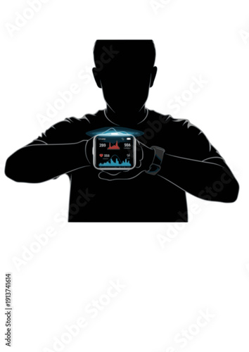 Runner checking smartwatch fitness tracker biohacking and health data silhouette vector