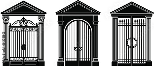 Classic iron gate with columns set architectural entrance doors black silhouette vector illustration isolated on background