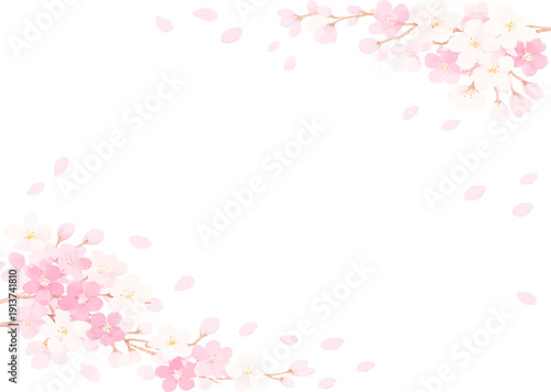 桜の花と花びらが舞うフレーム　ベクターイラスト素材