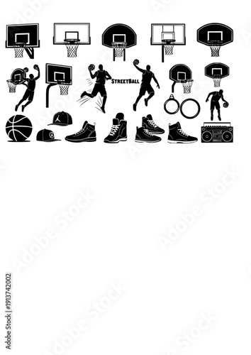Basketball Culture Vector Set - Black Silhouette Illustrations, Hoops Graphics, Streetball Icons, Basketball Lifestyle Design Elements