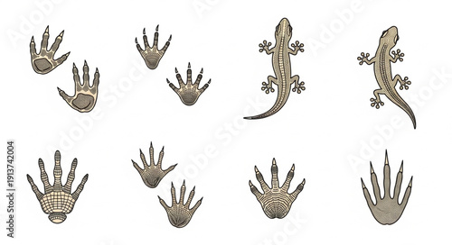 Gecko footprints and two geckos on white background.