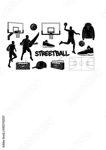 Basketball Culture Vector Set - Black Silhouette Illustrations, Hoops Graphics, Streetball Icons, Basketball Lifestyle Design Elements