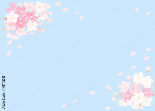 青空に舞う桜の花びら　背景素材　フレーム素材　あしらい　ベクター